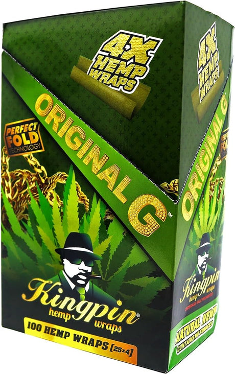 Front angled view of the Kingpin 4X Flavored Hemp Wraps 25-count display box in bright green and gold packaging. Made from 100% natural toasted hemp, these tobacco-free wraps feature a "perfect fold" design for easy rolling and come four to a pack in resealable pouches.