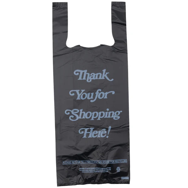 Front view of a single large plastic liquor bag in solid opaque black. These heavy-duty plastic bags come in a wholesale 400-count box and are ideal for securely and discreetly packaging liquor bottles at retail checkout.