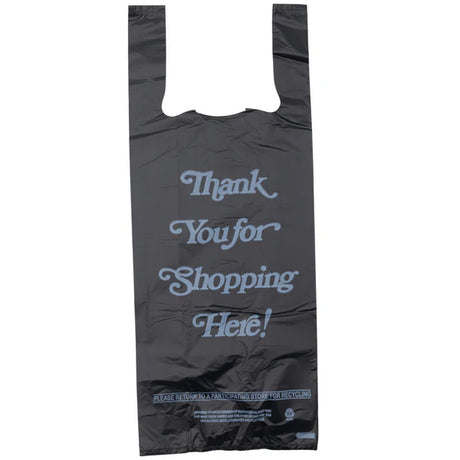 Front view of a single large plastic liquor bag in solid opaque black. These heavy-duty plastic bags come in a wholesale 400-count box and are ideal for securely and discreetly packaging liquor bottles at retail checkout.