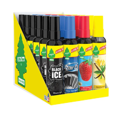Angled overhead view of the Little Trees 3.5oz spray 24-count display box in yellow and green. These convenient aerosol air fresheners provide instant odor elimination for cars and homes, packaged perfectly for retail checkout counters.
