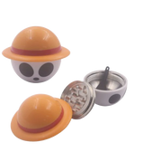 Overhead disassembled view of the 2.6-inch Logia Devil UFO Herb Grinder separating its internal component layers. The multi-stage layout includes a built-in metal mesh sifting screen and a deep bottom collection basin to capture fine pollen dust.