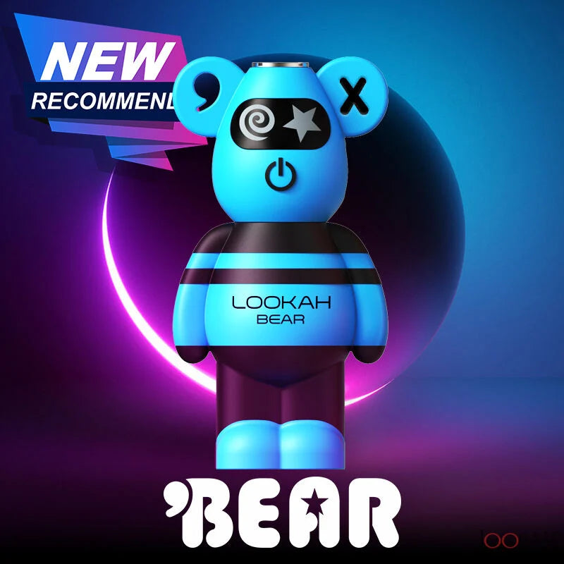 Front view of the Lookah Bear 510 thread battery in blue. This cute, 500mAh bear-shaped vaporizer battery features a soft silicone body and universal 510 threading for standard oil and extract cartridges.