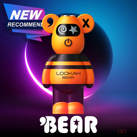 Front view of the Lookah Bear 510 thread battery in orange. This cute, 500mAh bear-shaped vaporizer battery features a soft silicone body and universal 510 threading for standard oil and extract cartridges.