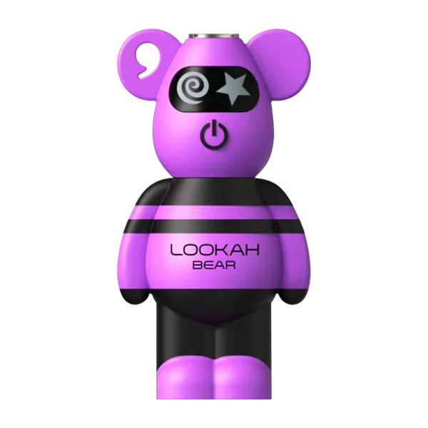 Front view of the Lookah Bear 510 thread battery in purple. This cute, 500mAh bear-shaped vaporizer battery features a soft silicone body and universal 510 threading for standard oil and extract cartridges.