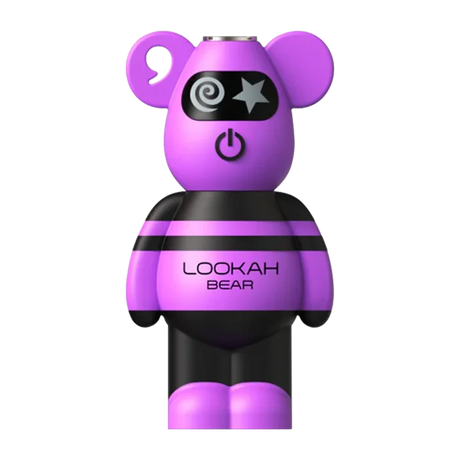 Front view of the Lookah Bear 510 thread battery in purple. This cute, 500mAh bear-shaped vaporizer battery features a soft silicone body and universal 510 threading for standard oil and extract cartridges.