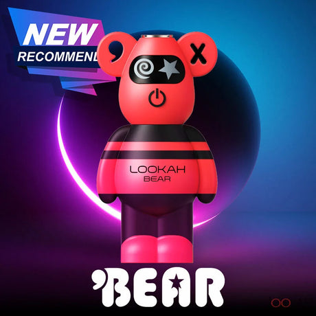 Front view of the Lookah Bear 510 thread battery in red. This cute, 500mAh bear-shaped vaporizer battery features a soft silicone body and universal 510 threading for standard oil and extract cartridges.