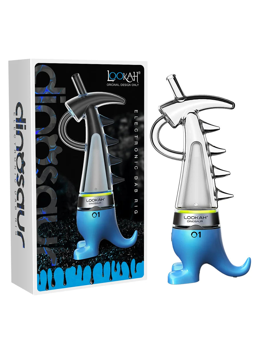 Angled front view of the Lookah Dinosaur Electric Dab Rig in vibrant blue. This portable e-rig features a unique dinosaur-shaped glass water bubbler and a magnetic quartz coil to deliver smooth, water-filtered hits from your wax concentrates.