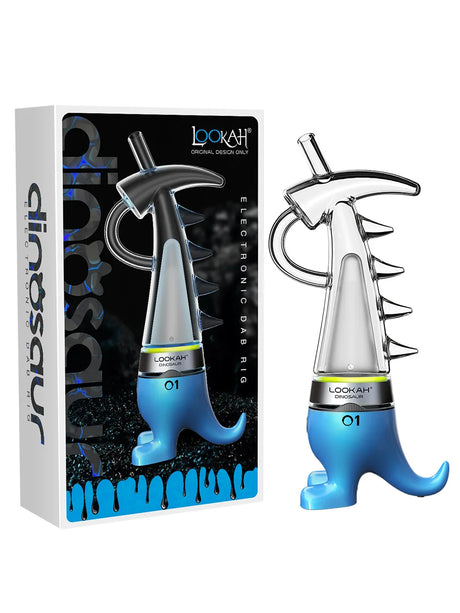 Angled front view of the Lookah Dinosaur Electric Dab Rig in vibrant blue. This portable e-rig features a unique dinosaur-shaped glass water bubbler and a magnetic quartz coil to deliver smooth, water-filtered hits from your wax concentrates.
