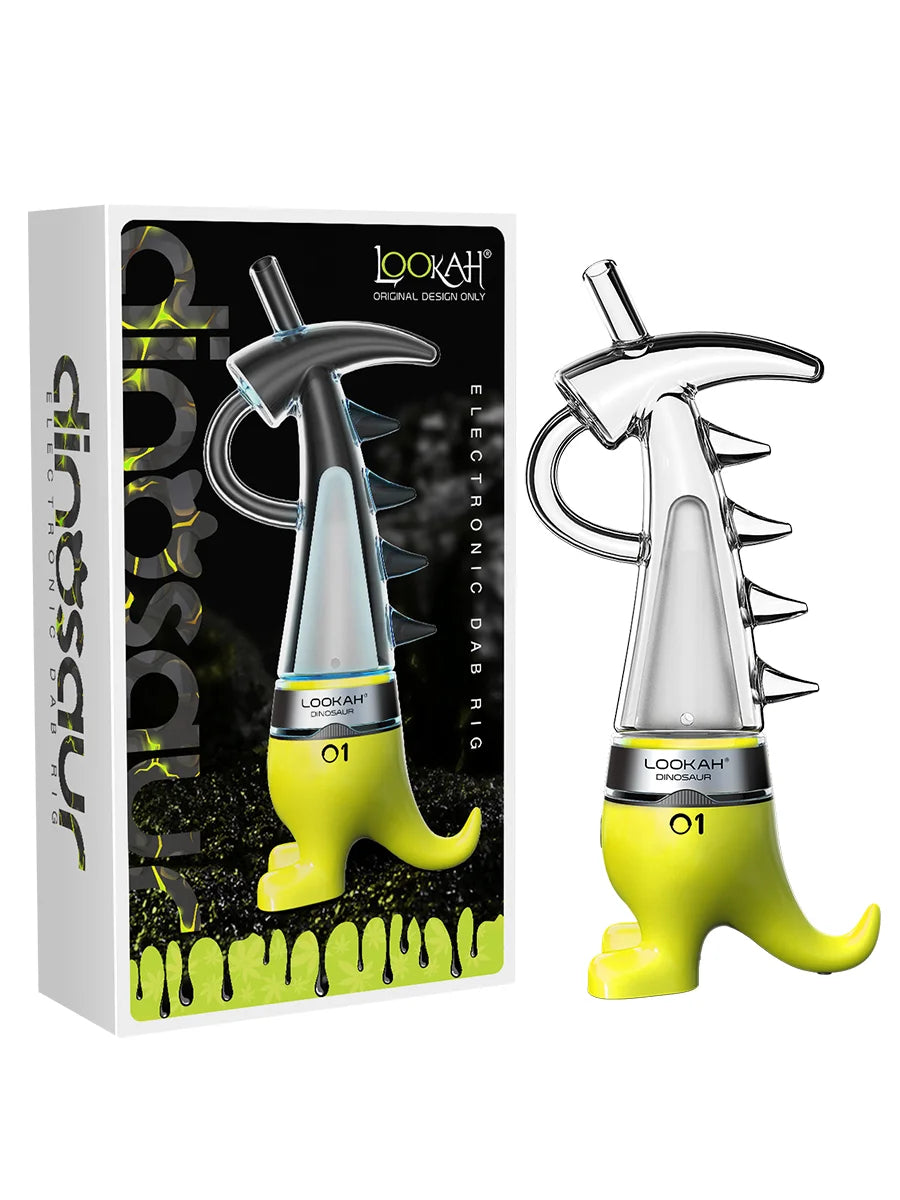 Angled front view of the Lookah Dinosaur Electric Dab Rig in striking neon green. This portable e-rig features a unique dinosaur-shaped glass water bubbler and a magnetic quartz coil to deliver smooth, water-filtered hits from your wax concentrates.