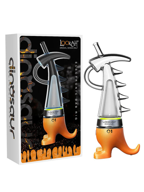 Angled overhead view of the Lookah Dinosaur Electric Dab Rig in bright orange. This portable e-rig features a unique dinosaur-shaped glass water bubbler and a magnetic quartz coil to deliver smooth, water-filtered hits from your wax concentrates.