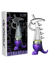Angled overhead view of the Lookah Dinosaur Electric Dab Rig in deep purple. This portable e-rig features a unique dinosaur-shaped glass water bubbler and a magnetic quartz coil to deliver smooth, water-filtered hits from your wax concentrates.