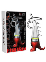 Front view of the Lookah Dinosaur Electric Dab Rig in bold red. This portable e-rig features a unique dinosaur-shaped glass water bubbler and a magnetic quartz coil to deliver smooth, water-filtered hits from your wax concentrates.