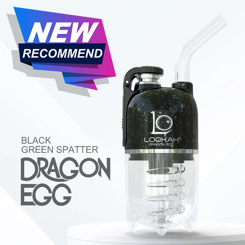 Front view of the Lookah Dragon Egg Electric Dab E-Rig in a matte black base with dynamic green splatter accents. This capsule-style portable e-rig features a unique bottom-mounted water bubbler and a magnetic cap to deliver cool, smooth, and filtered concentrate hits on the go.