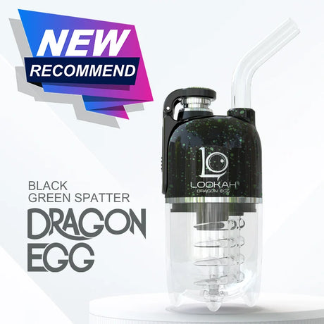 Front view of the Lookah Dragon Egg Electric Dab E-Rig in a matte black base with dynamic green splatter accents. This capsule-style portable e-rig features a unique bottom-mounted water bubbler and a magnetic cap to deliver cool, smooth, and filtered concentrate hits on the go.