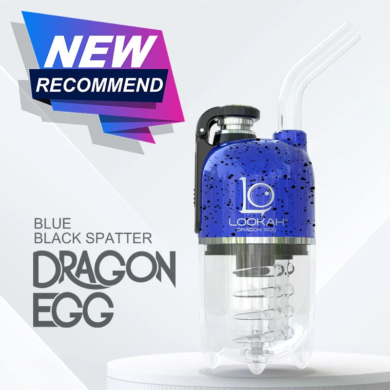 Front view of the Lookah Dragon Egg Electric Dab E-Rig in a deep blue finish covered in striking black splatter markings. This capsule-style portable e-rig features a unique bottom-mounted water bubbler and a magnetic cap to deliver cool, smooth, and filtered concentrate hits on the go.