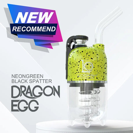Front profile view of the Lookah Dragon Egg Electric Dab E-Rig featuring a bright neon green finish with dark black splatter accents. This capsule-style portable e-rig features a unique bottom-mounted water bubbler and a magnetic cap to deliver cool, smooth, and filtered concentrate hits on the go.