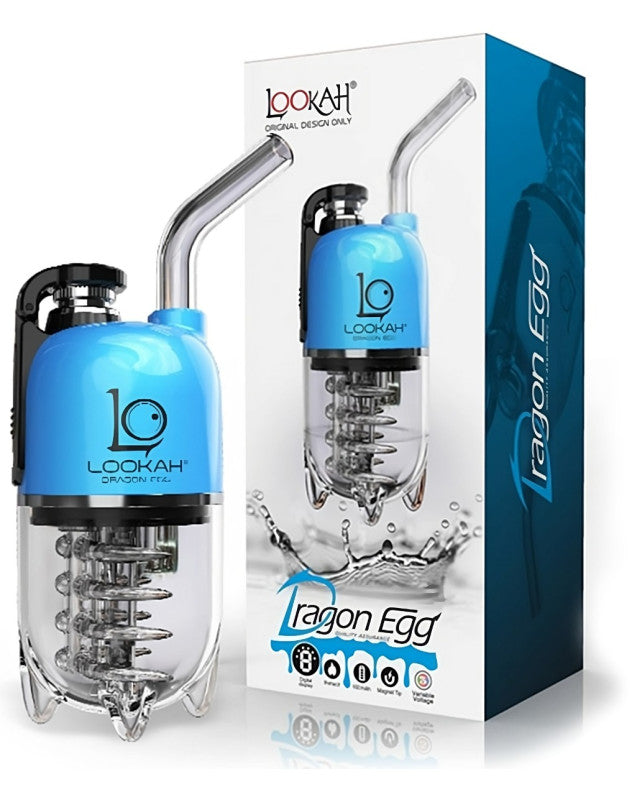 Front view of the Lookah Dragon Egg eRig vaporizer in metallic blue. This portable dab device features a durable zinc-alloy upper chassis equipped with a powerful 950mAh rechargeable battery to ensure long-lasting operational sessions.