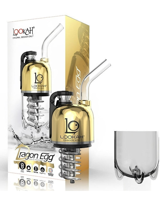 Front view of the Lookah Dragon Egg eRig vaporizer in reflective gold. This electric bubbler device offers three preset variable voltage modes allowing users to fully customize flavor tracking and vapor cloud thickness.
