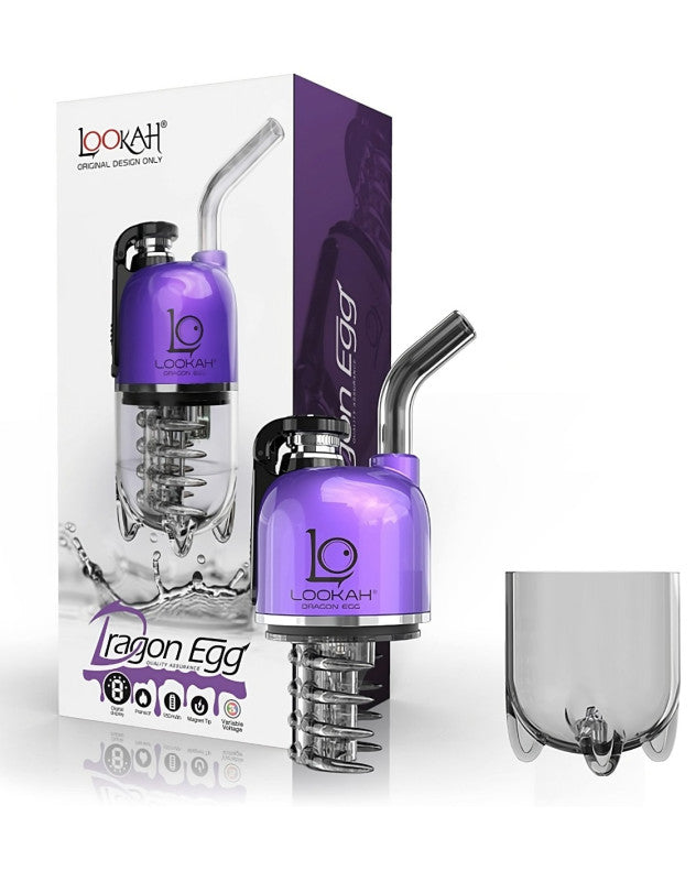 Front view of the Lookah Dragon Egg eRig vaporizer in rich purple. This handheld rig features a clear glass mouthpiece connected to an isolated vapor path to eliminate unwanted structural tastes.