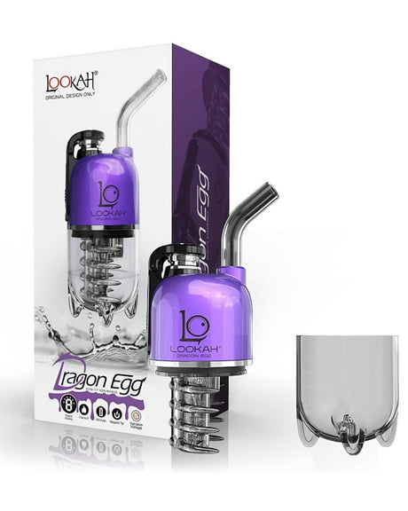 Front view of the Lookah Dragon Egg eRig vaporizer in rich purple. This handheld rig features a clear glass mouthpiece connected to an isolated vapor path to eliminate unwanted structural tastes.