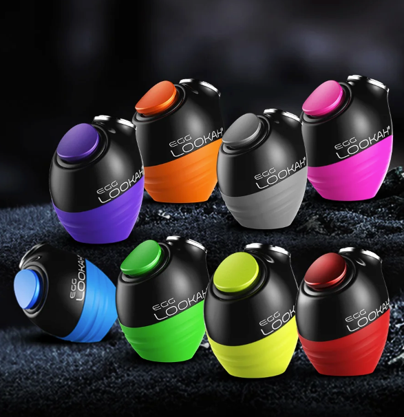 Front angled view of the Lookah Egg 510 Cartridge Batteries showcasing the full assortment of matte silicone colors. This compact 350mAh vaporizer battery is designed with a universal 510 thread connection to accommodate various extract cartridges.