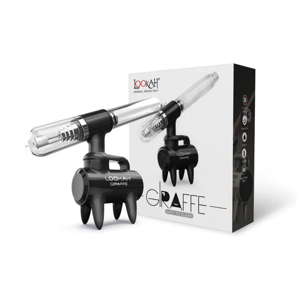 Front angled view of the Lookah Giraffe Nectar Collector Kit in solid black. This free-standing 650mAh extraction unit features a four-legged chassis that securely elevates the heated quartz tip above tabletop surfaces.
