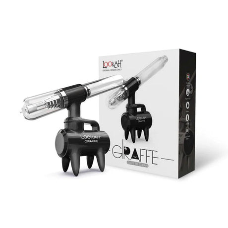 Front angled view of the Lookah Giraffe Nectar Collector Kit in solid black. This free-standing 650mAh extraction unit features a four-legged chassis that securely elevates the heated quartz tip above tabletop surfaces.