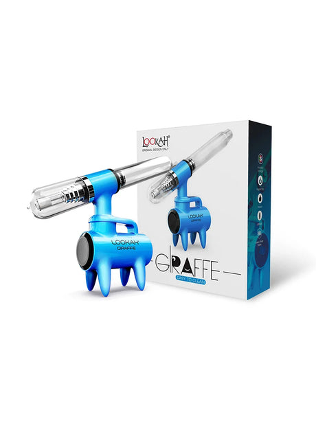 Front angled view of the Lookah Giraffe Nectar Collector Kit in solid blue. This free-standing 650mAh extraction unit features a four-legged chassis that securely elevates the heated quartz tip above tabletop surfaces.