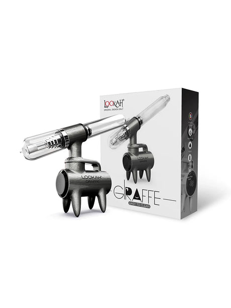 Front angled view of the Lookah Giraffe Nectar Collector Kit in solid gray. This free-standing 650mAh extraction unit features a four-legged chassis that securely elevates the heated quartz tip above tabletop surfaces.