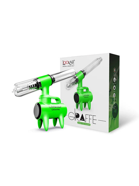 Front angled view of the Lookah Giraffe Nectar Collector Kit in solid green. This free-standing 650mAh extraction unit features a four-legged chassis that securely elevates the heated quartz tip above tabletop surfaces.