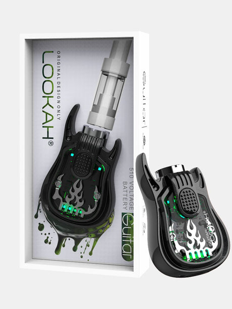 Front view of the Lookah Guitar 510 Thread Battery in solid black. This novelty instrument-shaped 350mAh chassis features universal open-collar 510 threading and three distinct voltage outputs for pre-filled oil tanks.