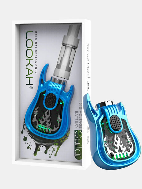 Front view of the Lookah Guitar 510 Thread Battery in solid blue. This novelty instrument-shaped 350mAh chassis features universal open-collar 510 threading and three distinct voltage outputs for pre-filled oil tanks.