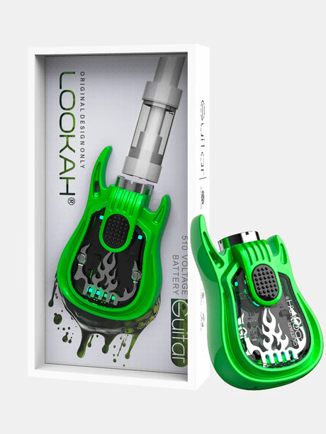 Front view of the Lookah Guitar 510 Thread Battery in solid green. This novelty instrument-shaped 350mAh chassis features universal open-collar 510 threading and three distinct voltage outputs for pre-filled oil tanks.
