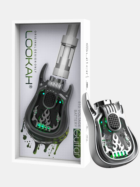 Front view of the Lookah Guitar 510 Thread Battery in solid grey. This novelty instrument-shaped 350mAh chassis features universal open-collar 510 threading and three distinct voltage outputs for pre-filled oil tanks.