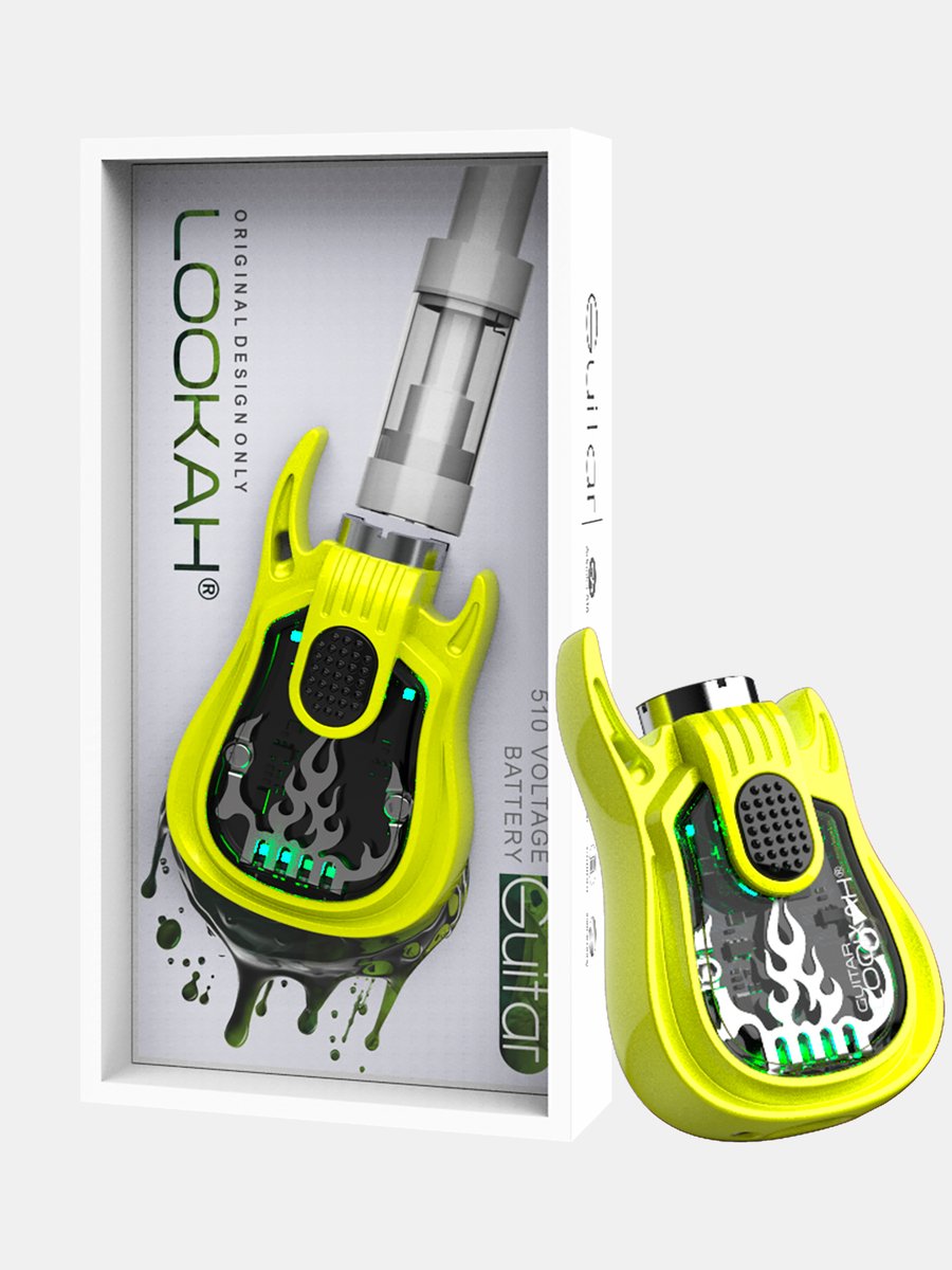 Front view of the Lookah Guitar 510 Thread Battery in neon green. This novelty instrument-shaped 350mAh chassis features universal open-collar 510 threading and three distinct voltage outputs for pre-filled oil tanks.