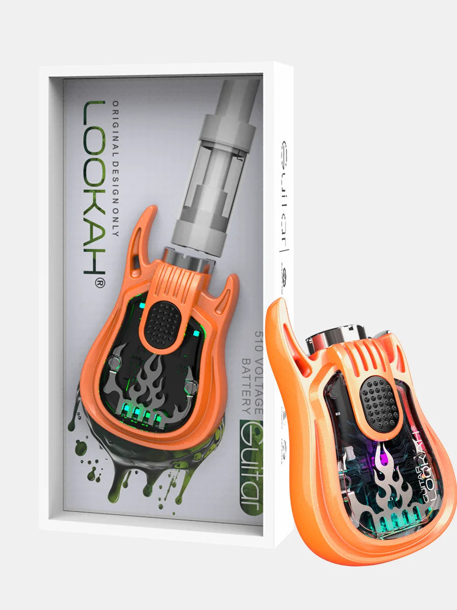 Front view of the Lookah Guitar 510 Thread Battery in solid orange. This novelty instrument-shaped 350mAh chassis features universal open-collar 510 threading and three distinct voltage outputs for pre-filled oil tanks.
