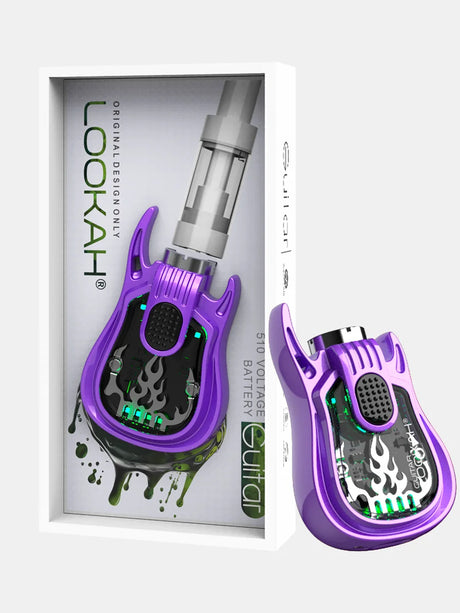 Front view of the Lookah Guitar 510 Thread Battery in solid purple. This novelty instrument-shaped 350mAh chassis features universal open-collar 510 threading and three distinct voltage outputs for pre-filled oil tanks.