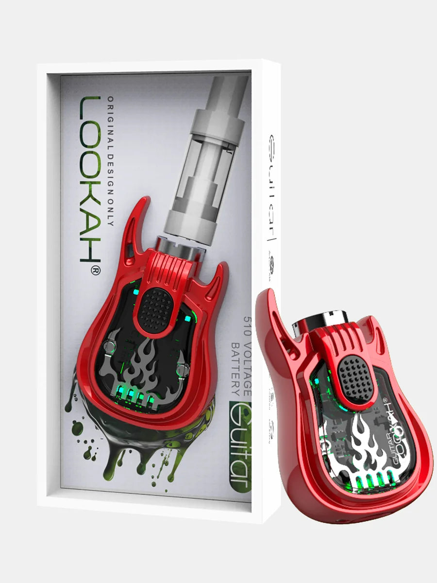 Front view of the Lookah Guitar 510 Thread Battery in solid red. This novelty instrument-shaped 350mAh chassis features universal open-collar 510 threading and three distinct voltage outputs for pre-filled oil tanks.