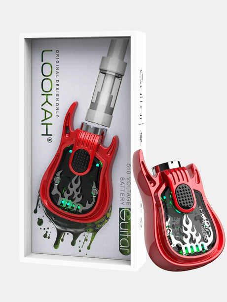 Front view of the Lookah Guitar 510 Thread Battery in solid red. This novelty instrument-shaped 350mAh chassis features universal open-collar 510 threading and three distinct voltage outputs for pre-filled oil tanks.
