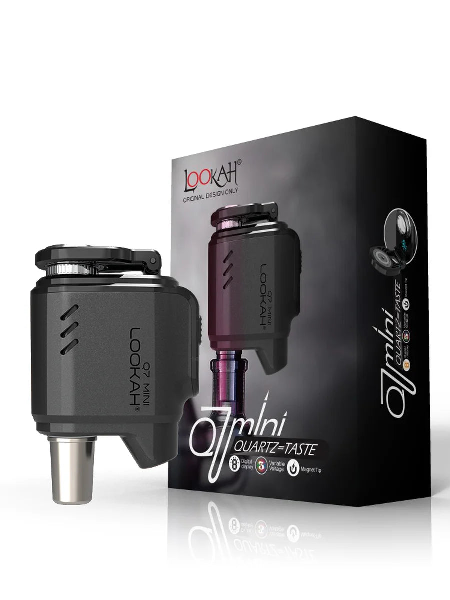 Front view of the Lookah Q7 Mini enail banger kit in black. This compact, palm-sized electronic nail connects directly to traditional water pipes to vaporize wax and extracts without an open flame.