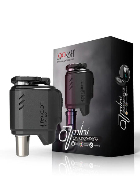 Front view of the Lookah Q7 Mini enail banger kit in black. This compact, palm-sized electronic nail connects directly to traditional water pipes to vaporize wax and extracts without an open flame.