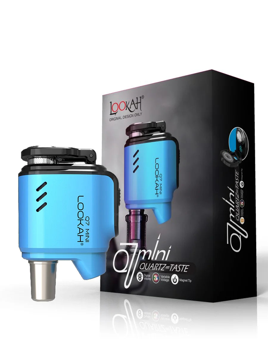 Front view of the Lookah Q7 Mini enail banger kit in metallic blue. The portable e-nail includes three variable voltage settings ranging from 3.2V to 4.0V to tailor flavor profiles and vapor density.