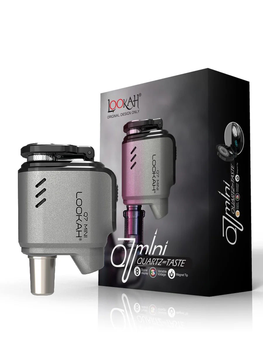Front view of the Lookah Q7 Mini enail banger kit in gray. This portable dabbing device is equipped with a built-in 950mAh battery providing up to 100 uses on a single charge.