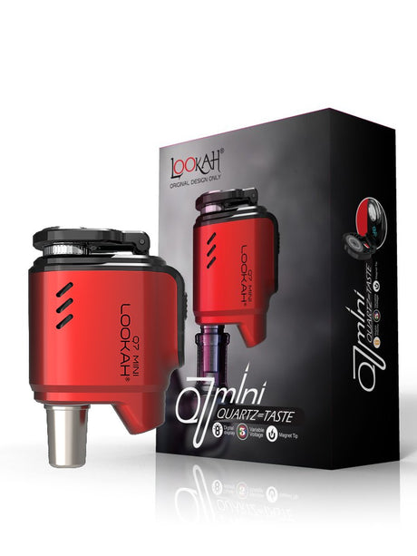 Front view of the Lookah Q7 Mini enail banger kit in deep red. This device features a universal design that natively fits both 14mm and 18mm female joint water pipes and dab rigs.