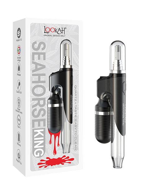 Front view of the Lookah Seahorse King Nectar Collector in sleek black. This premium electronic nectar collector features adjustable voltage settings and a porous quartz heating tip for smooth, flavorful dabs directly from your wax container.
