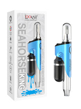 Angled overhead view of the Lookah Seahorse King Nectar Collector in vibrant blue. This premium electronic nectar collector features adjustable voltage settings and a porous quartz heating tip for smooth, flavorful dabs directly from your wax container.