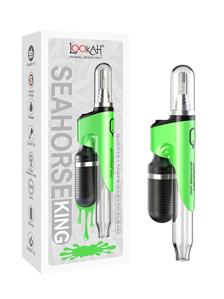 Front view of the Lookah Seahorse King Nectar Collector in green. This premium electronic nectar collector features adjustable voltage settings and a porous quartz heating tip for smooth, flavorful dabs directly from your wax container.