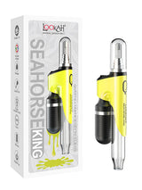Angled front view of the Lookah Seahorse King Nectar Collector in bright neon green. This premium electronic nectar collector features adjustable voltage settings and a porous quartz heating tip for smooth, flavorful dabs directly from your wax container.