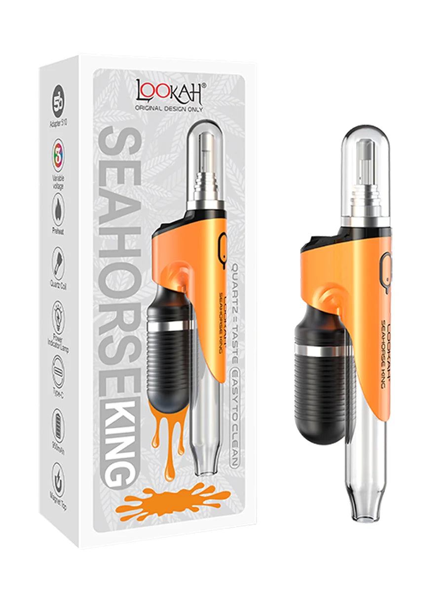 Angled overhead view of the Lookah Seahorse King Nectar Collector in bright orange. This premium electronic nectar collector features adjustable voltage settings and a porous quartz heating tip for smooth, flavorful dabs directly from your wax container.