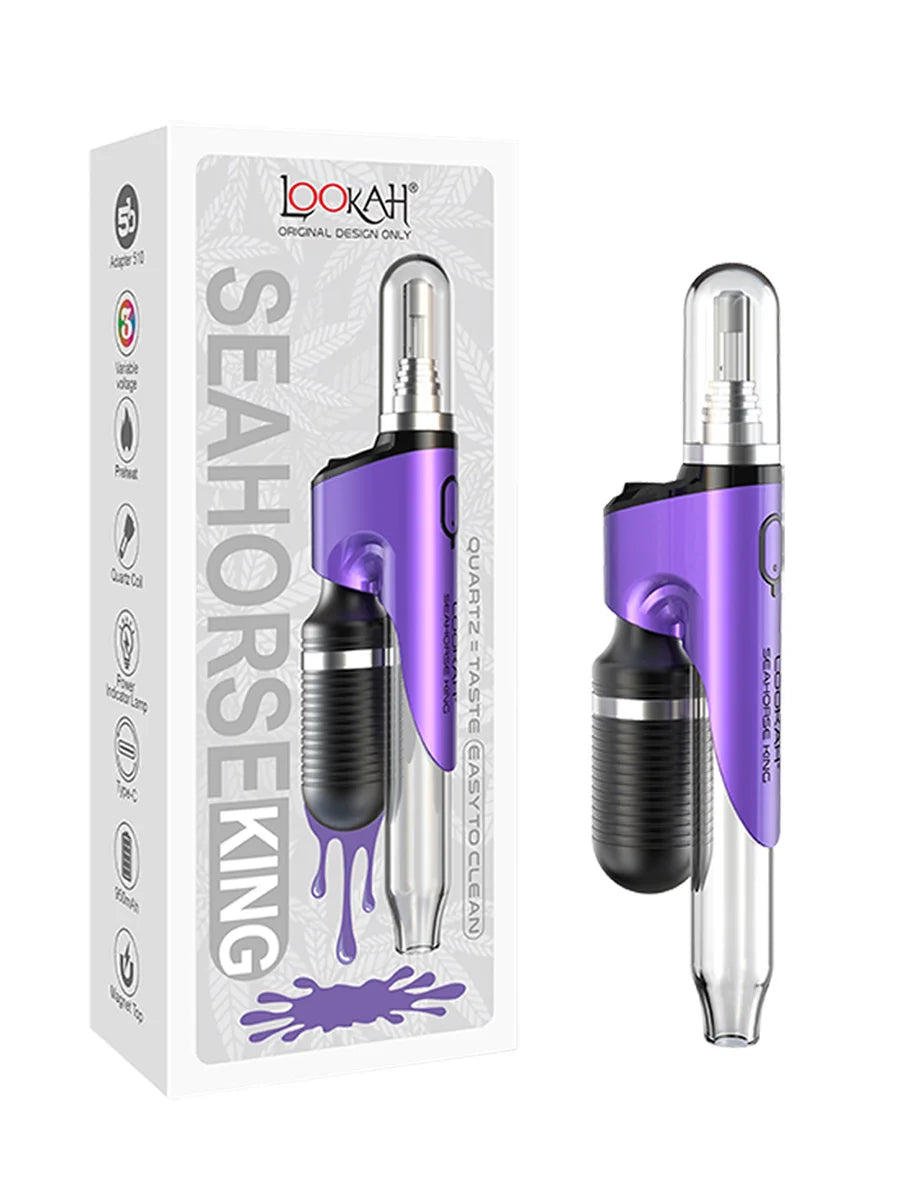 Front profile view of the Lookah Seahorse King Nectar Collector in deep purple. This premium electronic nectar collector features adjustable voltage settings and a porous quartz heating tip for smooth, flavorful dabs directly from your wax container.